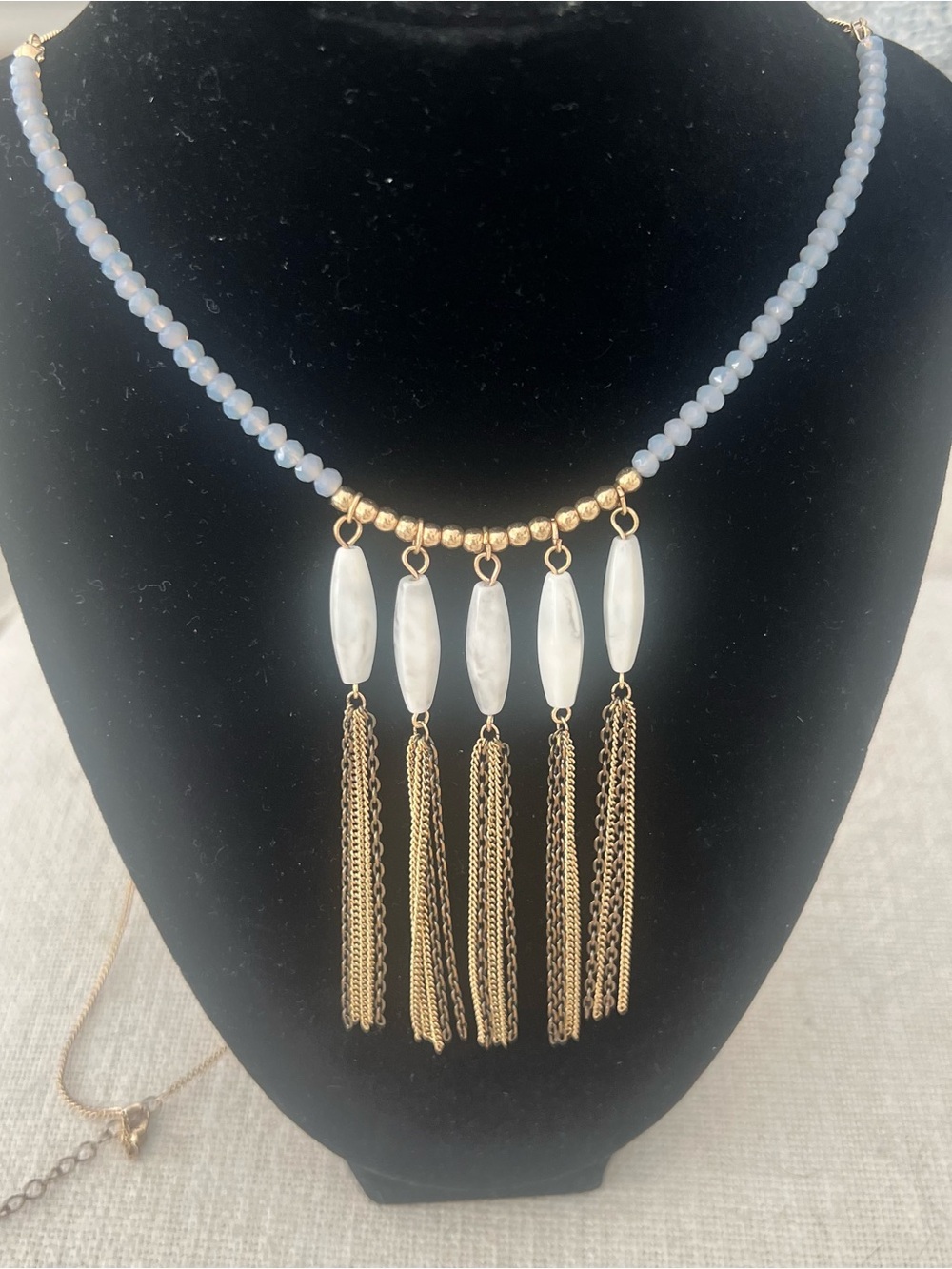 Gold Tassel with  White and grey Bead Pendant tassel Necklace - Women Jewelry